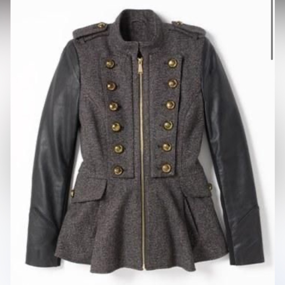 NWT L BCBGeneration Tweed & Faux Leather Military Jacket Gold Faux Leather